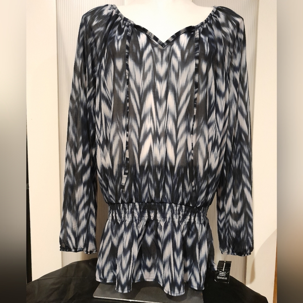 INC International Concepts - Blue Tones, Semi Sheer Long Sleeved Blouse, Size LG